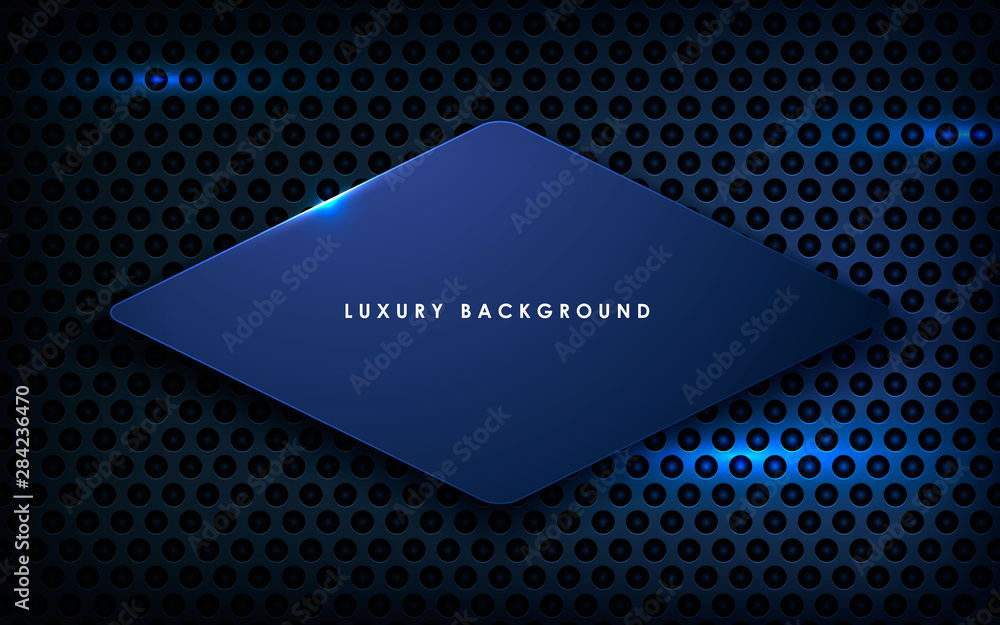 Poster dark blue metal texture background vector. realistic overlap layer on metallic background with light