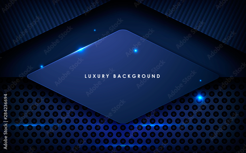 Poster dark blue metal texture background vector. realistic overlap layer on metallic background with light