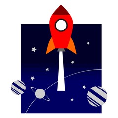 Red Rocket in Blue Space with Stars