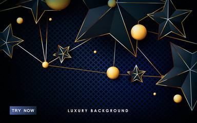 Luxury abstract black background. Modern stars shape with golden list and golden balls on textured dark background.