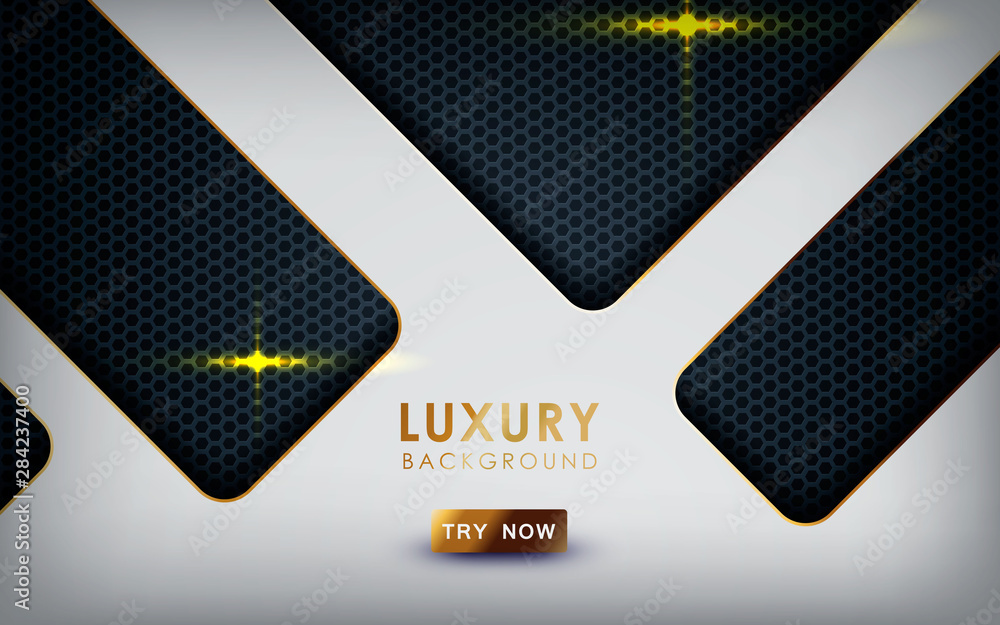 Poster luxury overlap layers background. realistic white layers with gold and light effect on textured blac