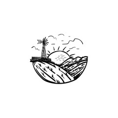 morning sunrise scenery farm field with mill hand drawn logo template
