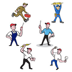 Set or Collection of cartoon character style illustration of an electrician holding a screwdriver, electric plug, bulb toolbox or lightning thunderbolt on isolated white background.