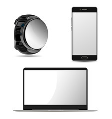 laptop Mockup. Smart Watch Blank. Cell Phone Design with Touch Display Interface. Mobile Technology for Business Advertising. Front Screen Portable Notebook Display with White Background Modern Layout