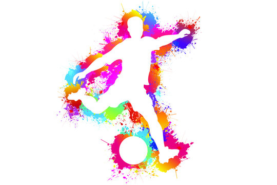 Sports, Football logo design, Soccer player kick the goal, Colorful paint drops ink splashes, Icon, Exercise, Symbol, Silhouette, Vector illustration.