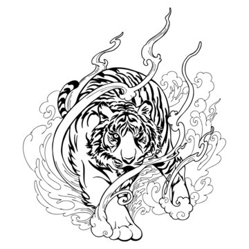 Oriental Tiger walking tattoo decorate with cloud black and white doodle drawing vector 