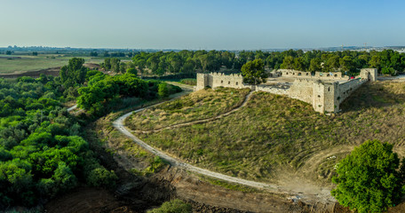 Fototapeta na wymiar Aerial view of Antipatrus castle or Binar Bashi Ottoman era fortress near the Yarkon River in Israel