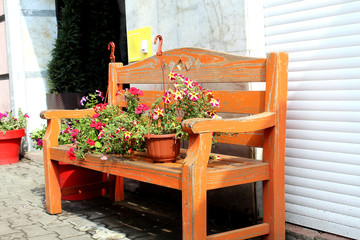 Fototapeta na wymiar Bench with flowers by the wall on a hot summer day