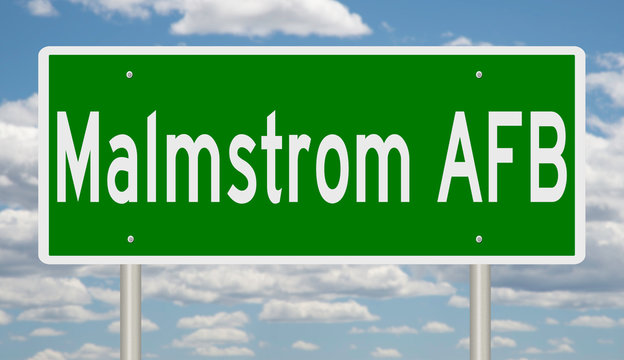 Rendering of a green highway sign for Malmstrom AFB in Montana