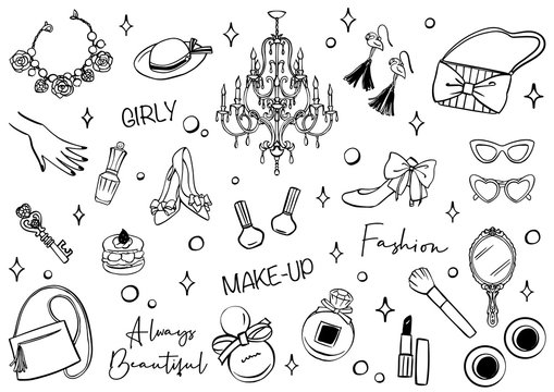 Cosmetics and Fashion accessories set. Hand drawn vector illustration.	
