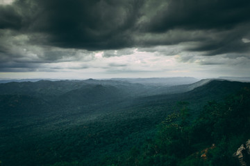 Chaiyaphum Province Landscape in Thailand with Rocks and Jungles Beyond the Horizon and Stormy Clouds.