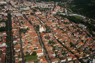Obraz premium ROMANIA Bistrita Panoramic aerial view,The Evangelical Church, august 2019