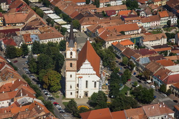 Fototapeta na wymiar ROMANIA Bistrita Panoramic aerial view,The Evangelical Church, august 2019
