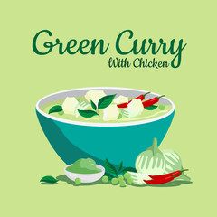 Thai food Green Curry with chicken in blow vector design.