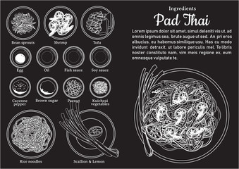 Ingredients of Pad Thai black board vector design. One of The Most Popular Dish in Thailand. © Waroon