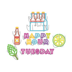 happy hour tuesday label in neon light icon