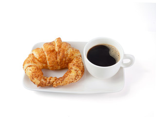 fresh croissant  and Coffee Cup on white Background isolate. Continental Breakfast. Coffee Break, Black coffee with bread