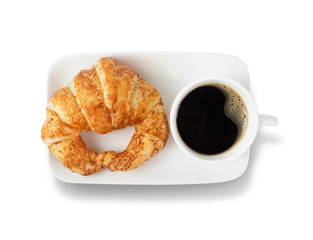 fresh croissant  and Coffee Cup on white Background isolate. Continental Breakfast. Coffee Break, Black coffee with bread