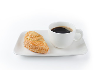 Puff pastry  and Coffee Cup on white Background isolate. Continental Breakfast. Coffee Break, Black coffee with pie .