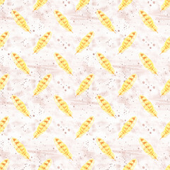 Watercolor hand painted yellow feathers illustration seamless pattern isolated on white background. Seamless texture with hand drawn feathers. Illustration for your design. Bright colors.