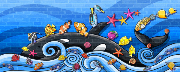 Naklejka premium Animals underwater travel by whale Wall Pain