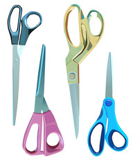 Set of scissors on a white background. Four pairs of scissors with colored handles.