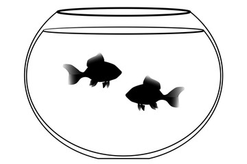 The contour of the aquarium with two fish. House for pets in the water. Stencil aquarium with fish on a white background.