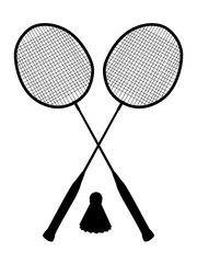 Sports game badminton. Two rackets and a badminton shuttlecock. Stencil dveh racket and shuttlecock in black.