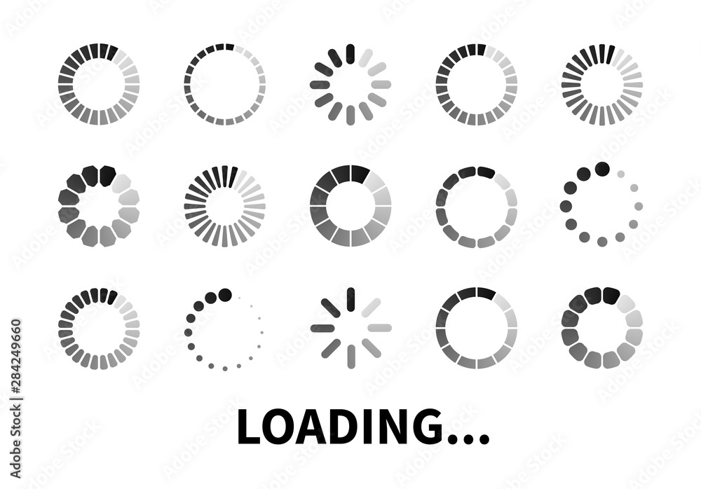 Poster Loading icon set isolated on white background. Vector loader icons for use in web design, app, interface and game. Load flat sign, symbol.