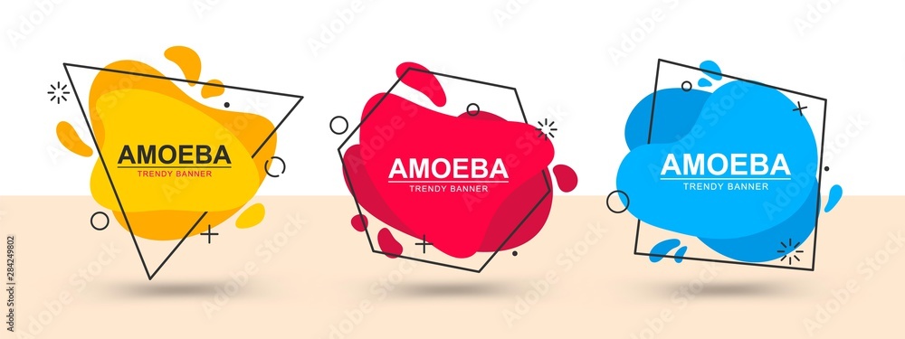 Aufkleber Set of trendy abstract geometric banners yellow, red and blue color. Vector banners in the style of memphis. Template ready for use in web or print design.
