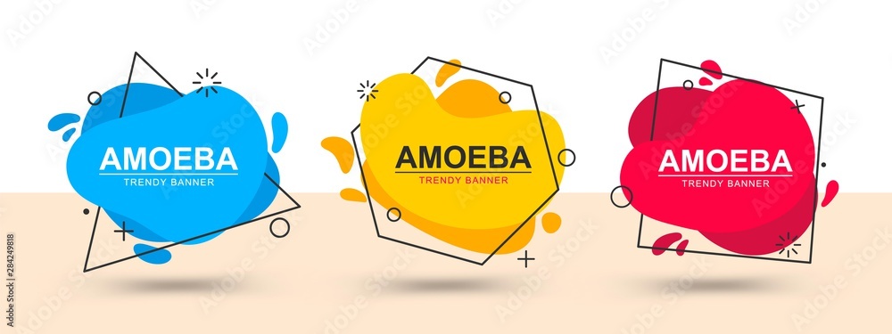 Poster Collection of modern bright banners of different colors. Vector banners in the style of memphis. Template ready for use in web or print design.