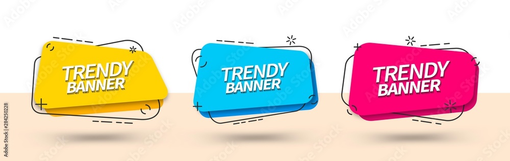Poster Bright set of abstract banners square shape in Memphis style. Vector bright template banners. Template ready for use in web or print design.