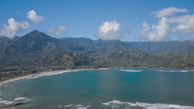 Aerial view Hyper-lapse of Hanelei Bay Coastline in Princeville Kauai