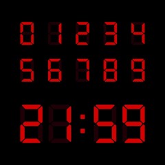 Red digital numbers set isolated on black background. Vector electronic figures for interface design.