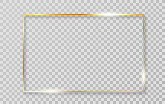 Gold luxury shiny glowing realistic vintage frame with shadows isolated on transparent background. Vector golden realistic rectangle border.