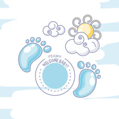 Fototapeta na wymiar welcome baby shower card with footprints