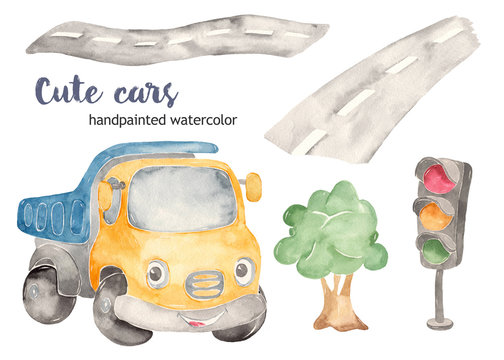 Cute cartoon truck, tree, roads and traffic light watercolor clipart set
