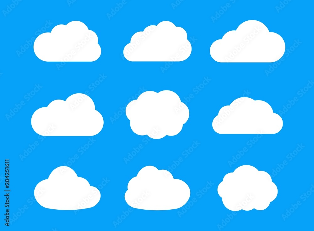 Poster Set of white cloud icons for web design, app, ui and logo. Storage solution element, databases, networking, cloud and meteorology concept. Outline icon.