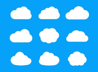 Set of white cloud icons for web design, app, ui and logo. Storage solution element, databases, networking, cloud and meteorology concept. Outline icon.