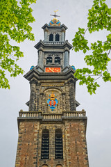Amsterdam Westerkerk clock tower in spring time