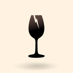 Vector Black Basic Silhouette Icon - Broken Wine Glass. Sign for Fragile Package.
