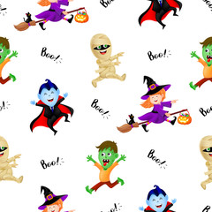 Halloween cartoon set with cute kids in holiday costumes: witch, count dracula, zombie and mummy, seamless pattern. Illustration isolated on white backgeound.