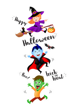 Cute Halloween cartoon character design. Count dracula, witch and zombie. Illustration isolated on white background. Design for poster, banner and greeting card.