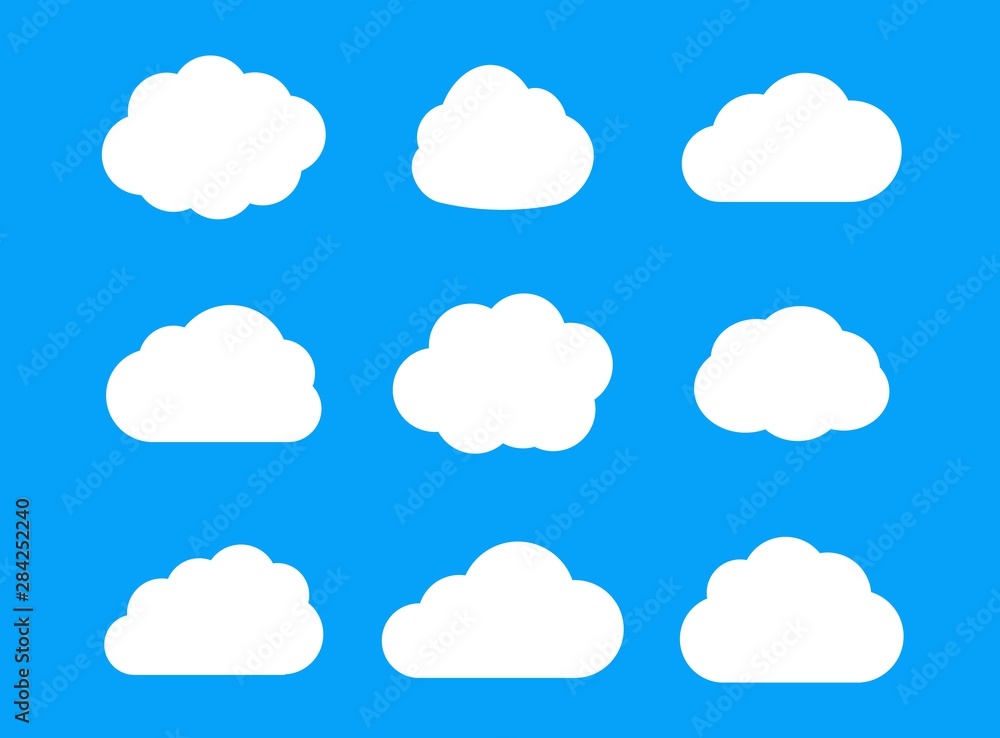 Poster set of flat cloud icons isolated on sky blue background. storage solution element, databases, networ
