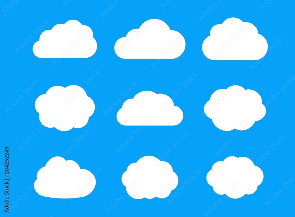 Poster Set of contour cloud flat icons isolated on sky blue background. Cloud icon vector for web, logo, app and ui.