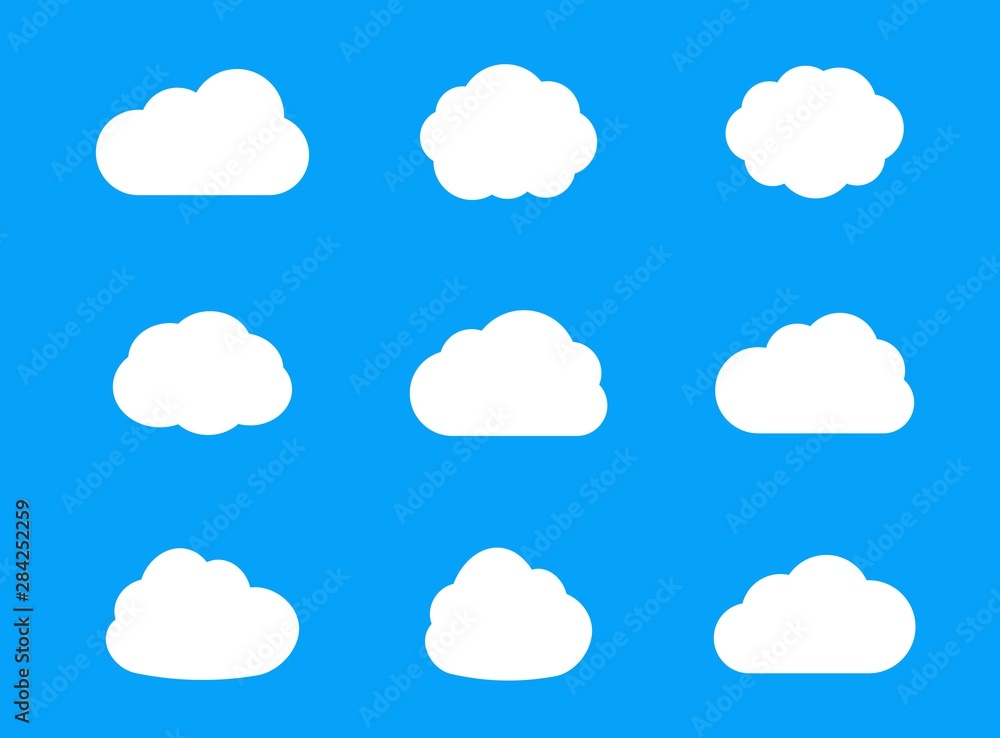 Poster Set of flat cloud icons for web design, app, ui and logo. Storage solution element, databases, networking, cloud and meteorology concept.