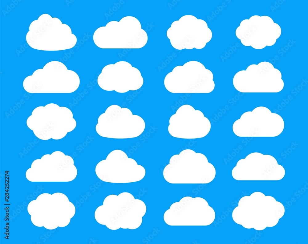 Poster Set of cloud flat icons isolated on sky blue background. Storage solution element, databases, networking, cloud and meteorology concept. Icon vector for web design, logo, app and ui.