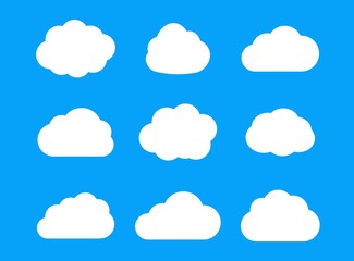 Set of flat cloud icons isolated on sky blue background. Storage solution element, databases, networking, cloud and meteorology concept. Vector flat symbol for web design, app, ui and logo.