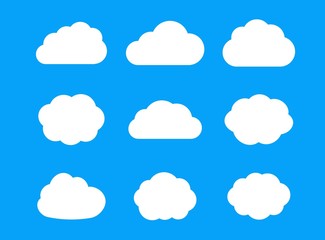 Set of contour cloud flat icons isolated on sky blue background. Cloud icon vector for web, logo, app and ui.