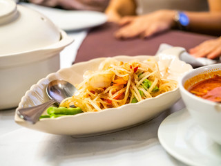 Green Papaya Salad,In Thailand,Meeting  in restaurant,Food Thailand,Healthy,Dinner of young friends